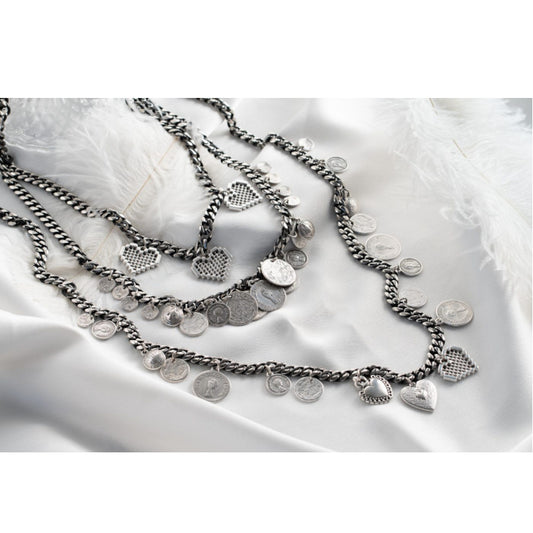 Halsketten "ETHNIC COINS & HEARTS", antiksilber