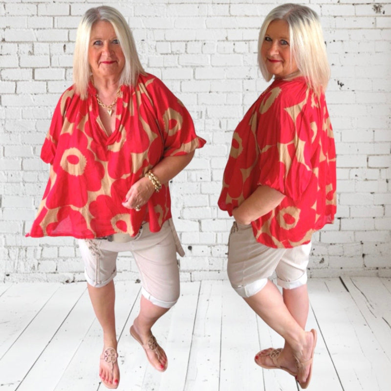Bluse "FLORA", rot/camel