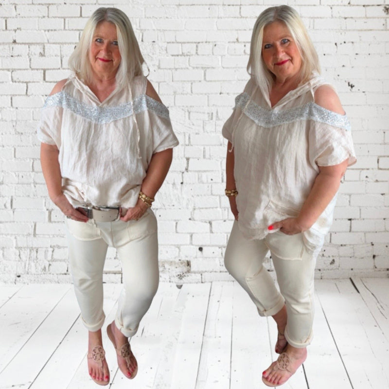 Leinen Bluse "ALLEGRA" mit Cut Outs und Pailletten, vanille
