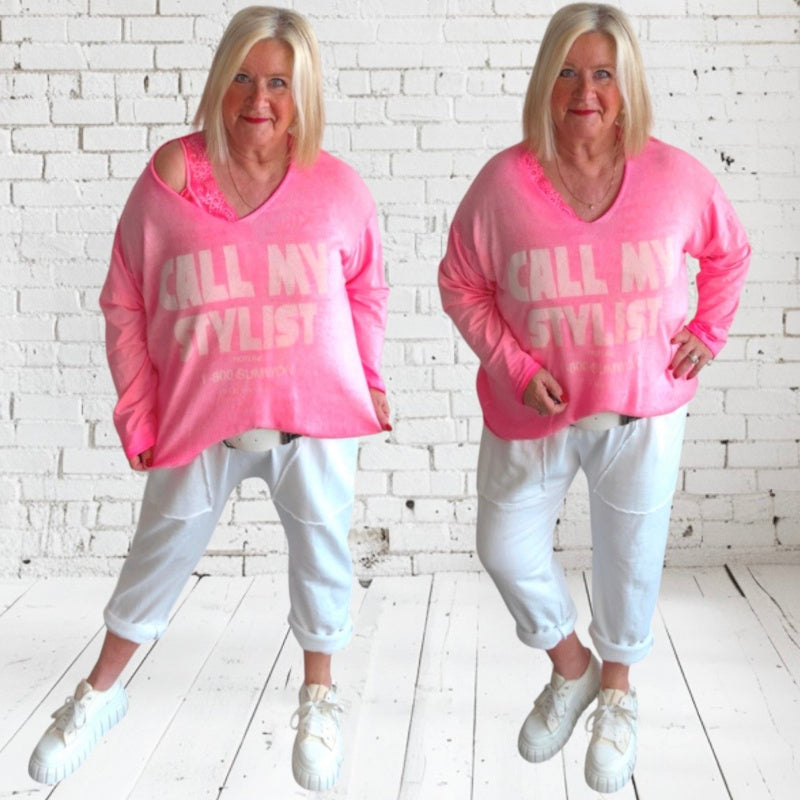 leichter Strickpulli "CALL MY STYLIST", neonpink