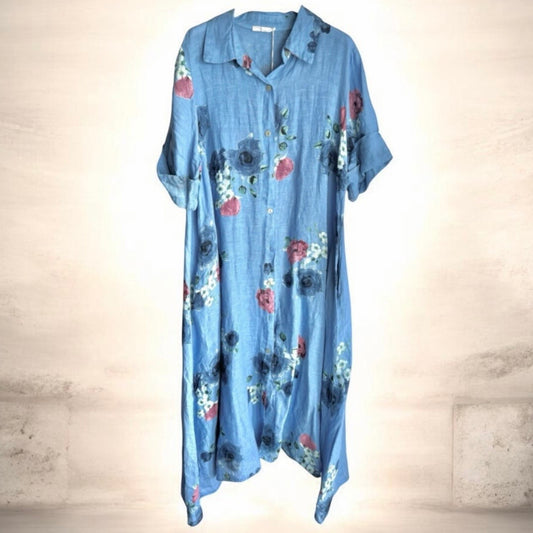 Leinen Maxi Mantelkleid "ROSES", denimblue
