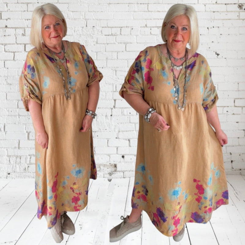 Leinen Maxikleid "FLOWERS", camel