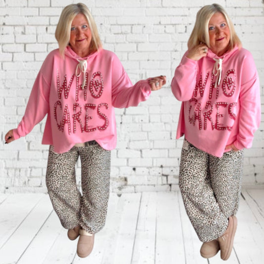 Hoodie "WHO CARES", candy pink