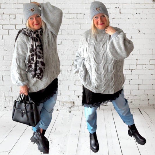 Pullover mit Zopfmuster "CABLE", grau
