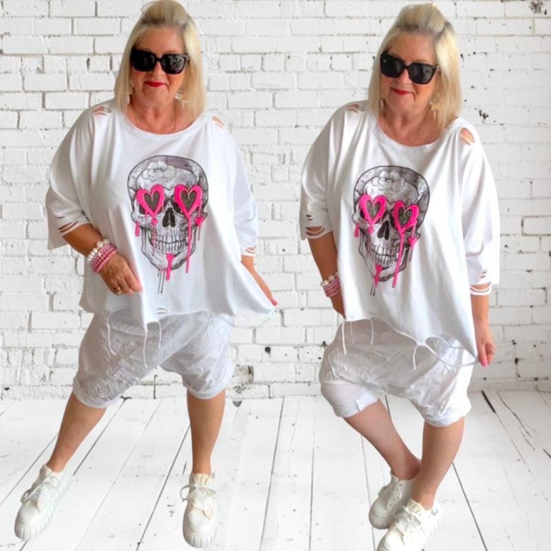 Shirt "SKULL" mit Glitzer & Cut-Outs, weiß