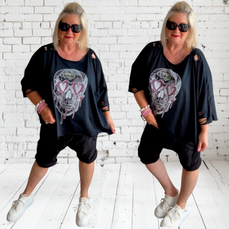 Shirt "SKULL" mit Glitzer & Cut-Outs, schwarz