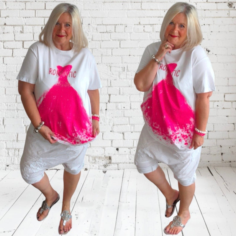 T-Shirt "ROMANTIC" mit Glitzer, weiß