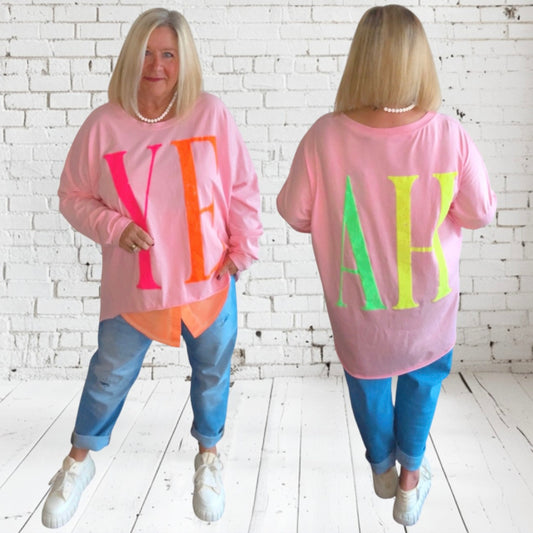 oversized Langarm Shirt "YEAH", rosa