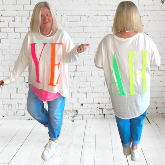 oversized Langarm Shirt "YEAH", weiß