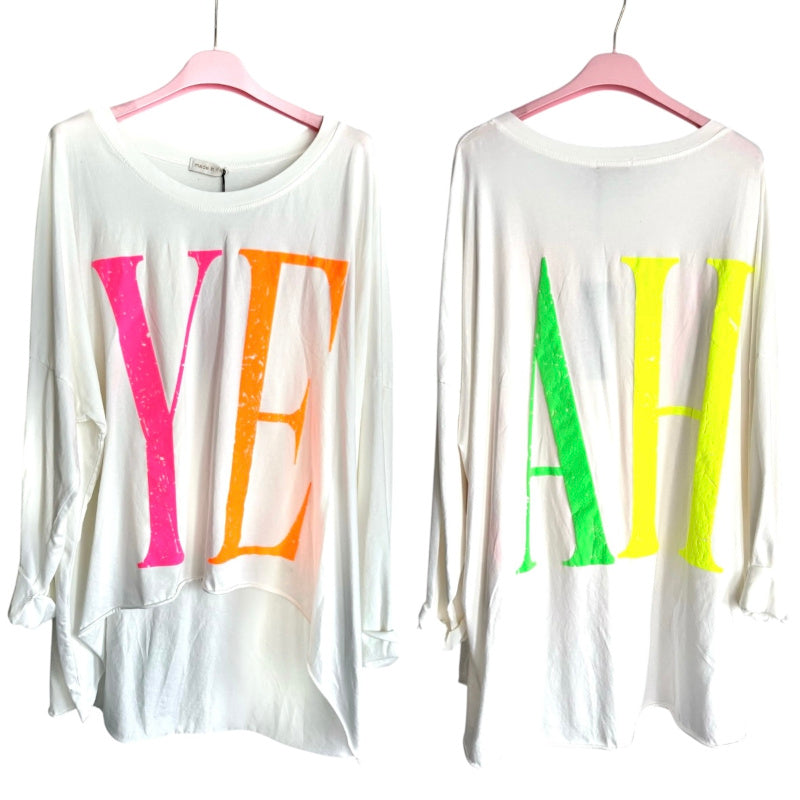 oversized Langarm Shirt "YEAH", weiß