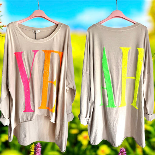 oversized Langarm Shirt "YEAH", beige