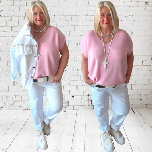 Denim Hose „RIVETS" mit elastischem Bund, weiß