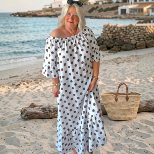 Carmen Maxi Kleid "POLKA DOTS", weiß/schoko