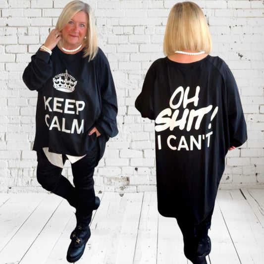 oversized Langarm Shirt "KEEP CALM", schwarz