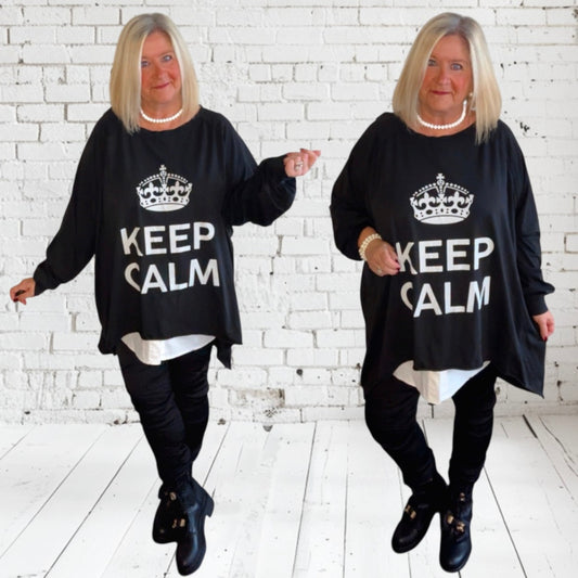 oversized Langarm Shirt "KEEP CALM", schwarz