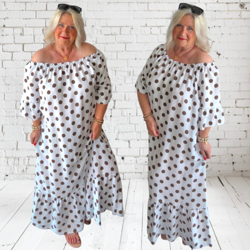 Carmen Maxi Kleid "POLKA DOTS", weiß/schoko