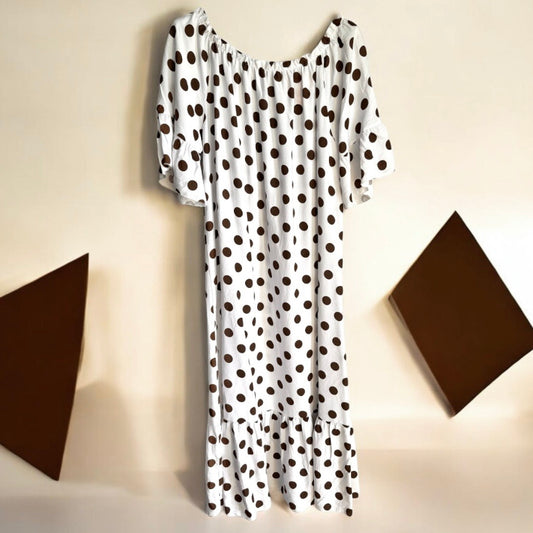 Carmen Maxi Kleid "POLKA DOTS", weiß/schoko