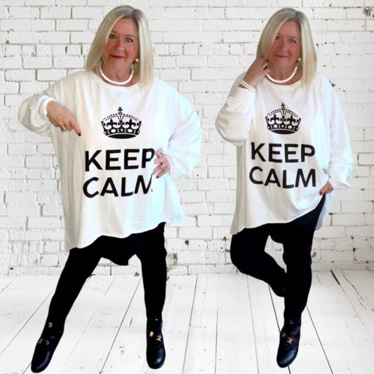 oversized Langarm Shirt "KEEP CALM", weiß