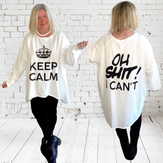 oversized Langarm Shirt "KEEP CALM", weiß