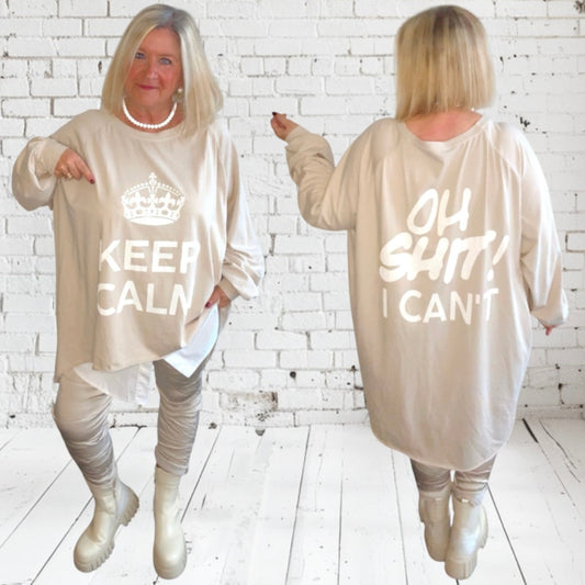 oversized Langarm Shirt "KEEP CALM", beige