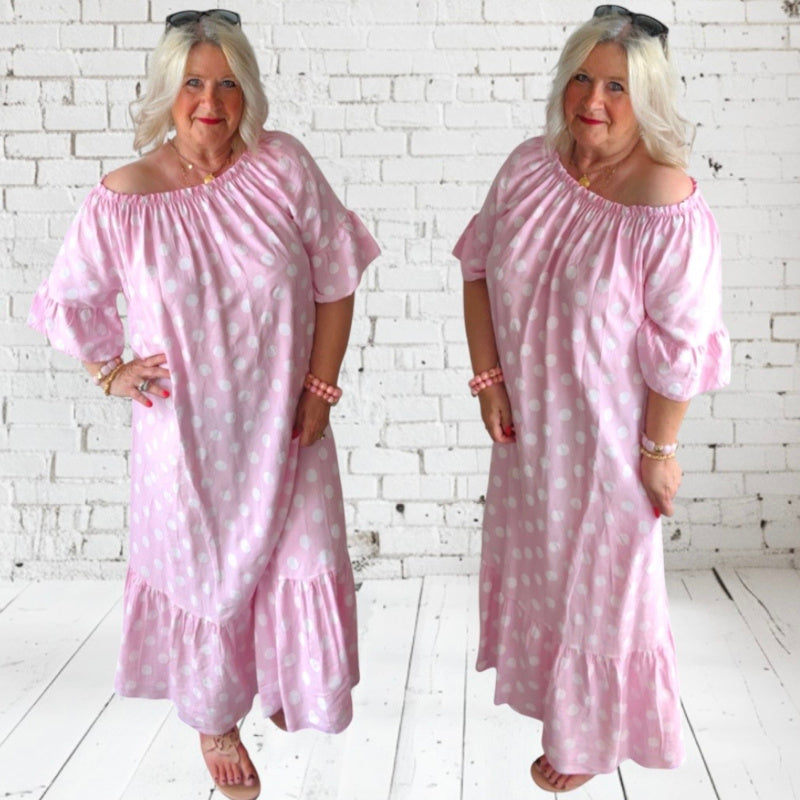 Carmen Maxi Kleid "POLKA DOTS", rosa/weiß