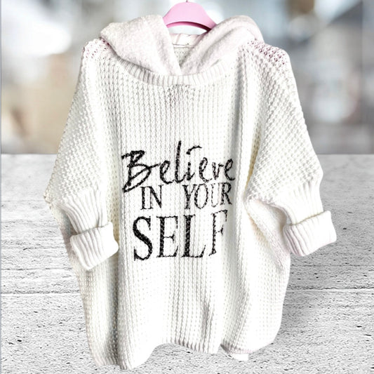 Hoodie "BELIEVE" mit Teddy Kapuze, off-white