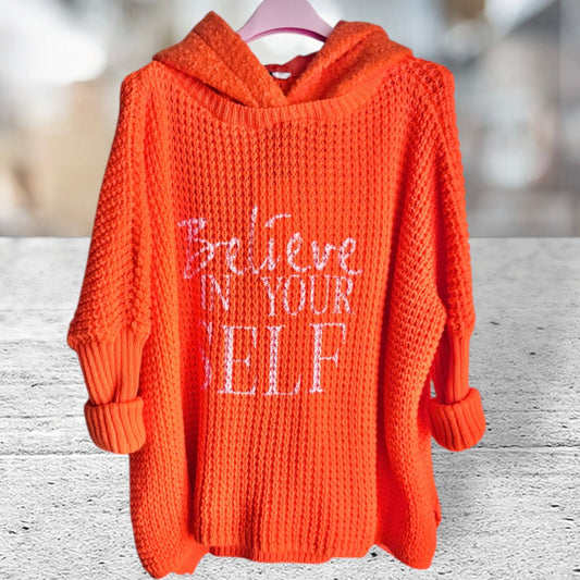 Hoodie "BELIEVE" mit Teddy Kapuze, neonorange