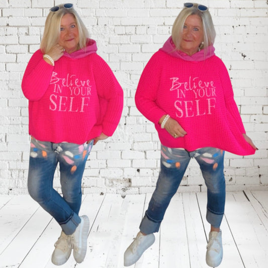 Hoodie "BELIEVE" mit Teddy Kapuze, neonpink