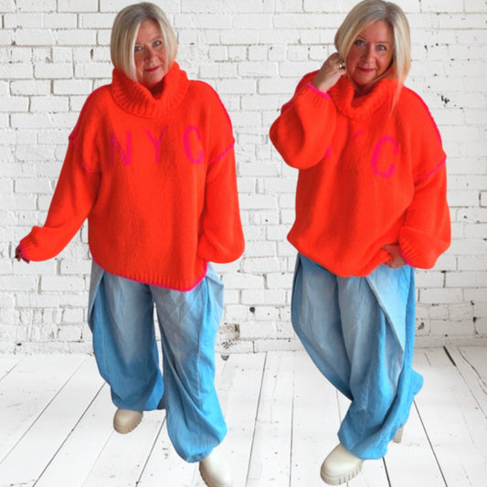 Rollkragen Pullover "NYC", neonorange