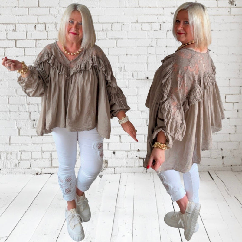 Blusen-Tunika "BOHO" mit Spitze und Volant, taupe