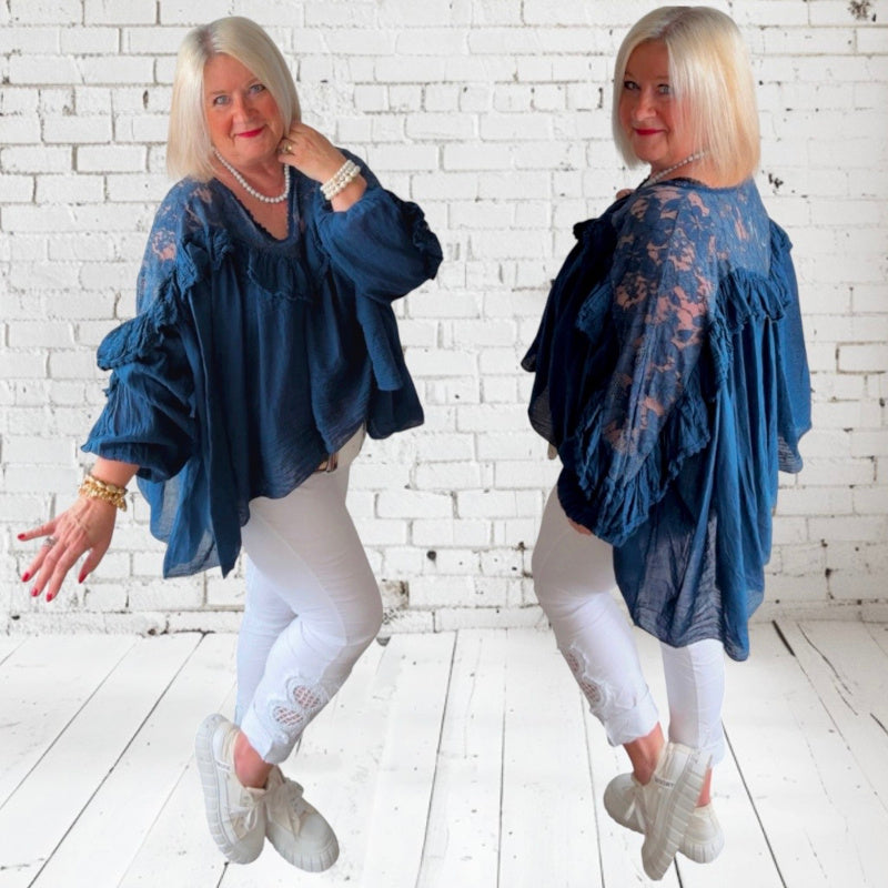 Blusen-Tunika "BOHO" mit Spitze und Volant, marine