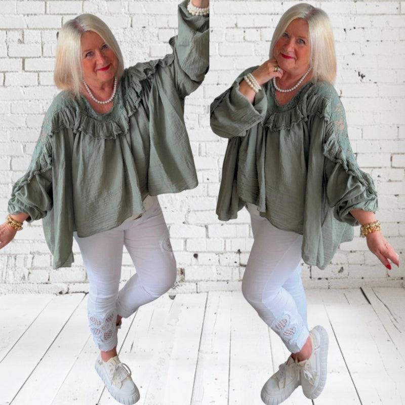 Blusen-Tunika "BOHO" mit Spitze und Volant, khaki