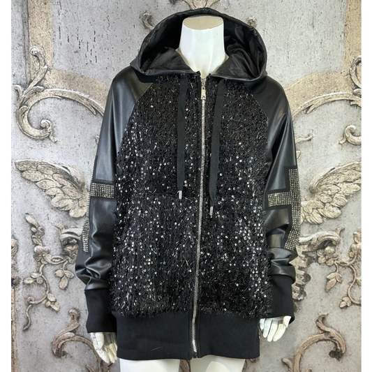 ROSE Lederoptik Jacke "UNIQUE CROSS" mit Kapuze und Strass