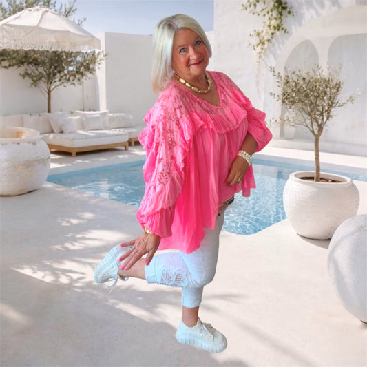 Blusen-Tunika "BOHO" mit Spitze und Volant, candy pink