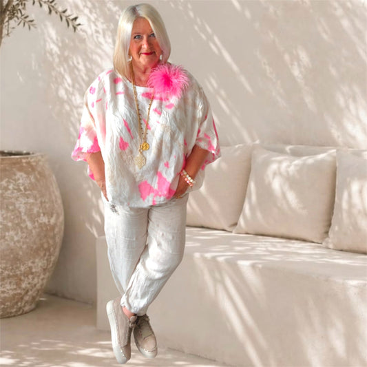 Leinen oversized Shirt "TIE DYE", beige/pink
