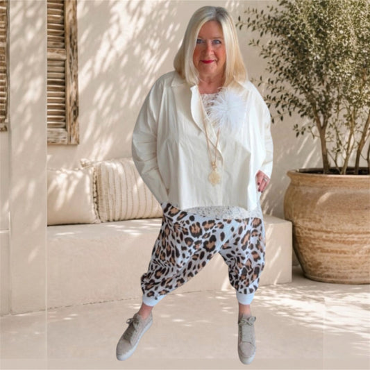 Leinen Baggy Hose "SARONG", Leo-beige