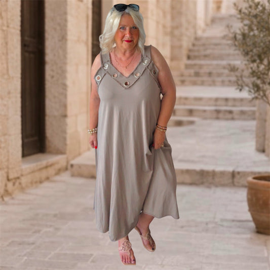 Träger Kleid "ESTIE" mit Ösen, taupe