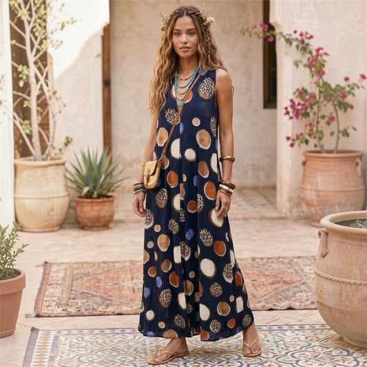 Viskose Maxi Kleid "FLATTERING DOTS", marine/braun