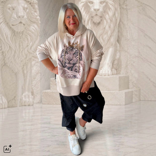 ROSE Hoodie "TIGER KING" mit Strass, beige