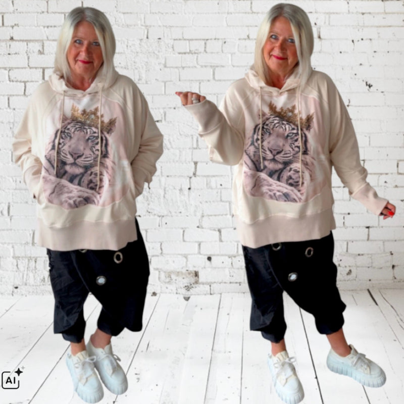ROSE Hoodie "TIGER KING" mit Strass, beige