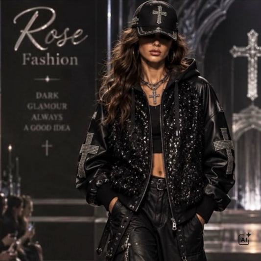 ROSE Lederoptik Jacke "UNIQUE CROSS" mit Kapuze und Strass