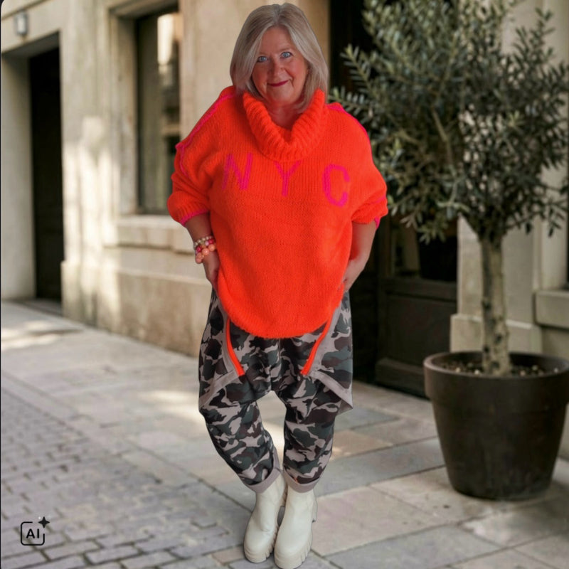 Rollkragen Pullover "NYC", neonorange