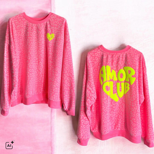 Roundneck Sweater "AMOR CLUB", neonpink