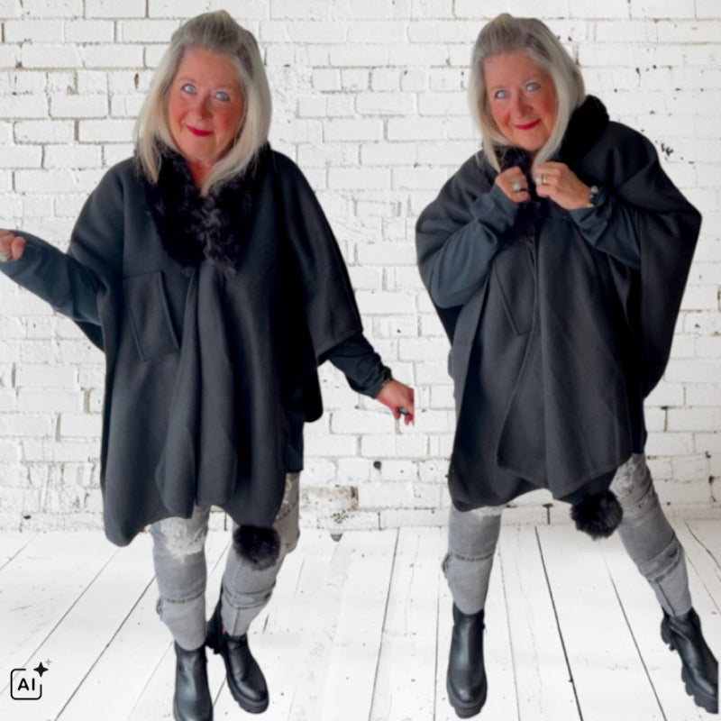 Poncho "FLY OUT" mit Fake Fur, schwarz