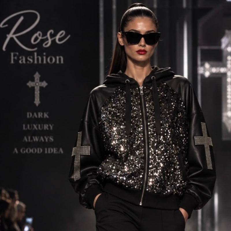 ROSE Lederoptik Jacke "UNIQUE CROSS" mit Kapuze und Strass