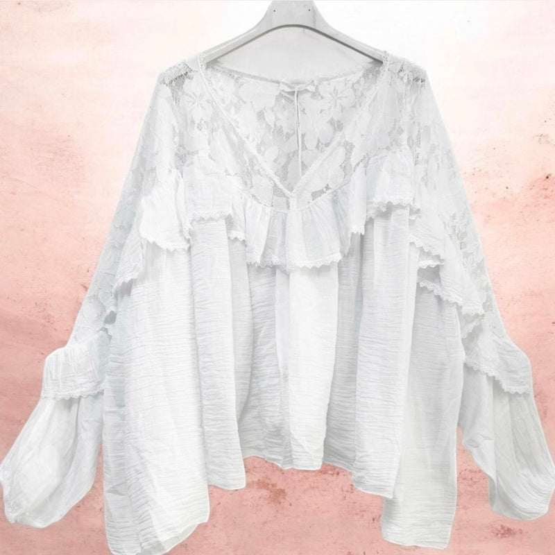 Blusen-Tunika "BOHO" mit Spitze und Volant, weiß