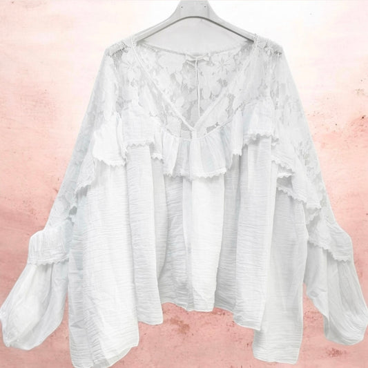 Blusen-Tunika "BOHO" mit Spitze und Volant, weiß