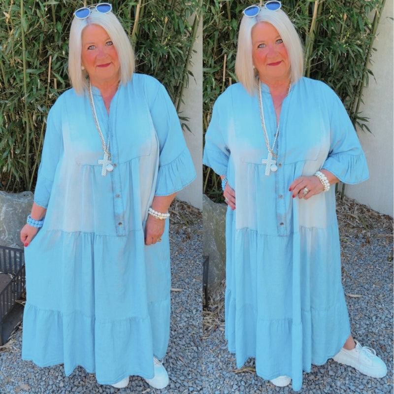 Maxi Stufen Kleid "LIGHT DENIM"