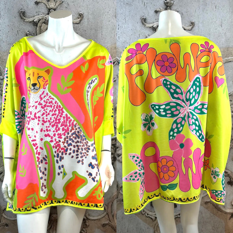 ROSE Shirt "FLOWER POWER", neongelb/pink/orange