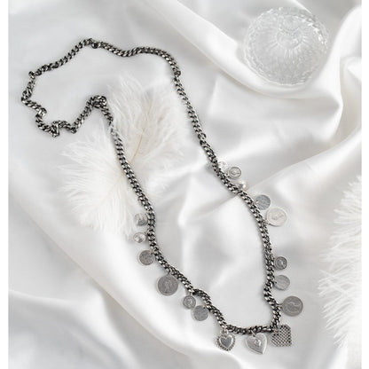 Halsketten "ETHNIC COINS & HEARTS", antiksilber